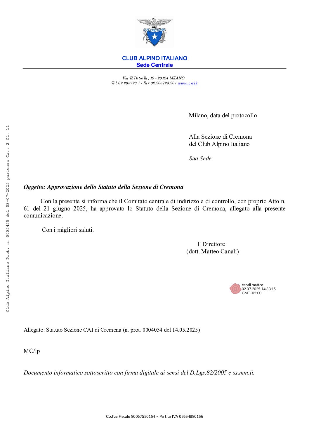 Nuovo Statuto Sezione CAI di Cremona – Approvazione da parte del CAI Centrale