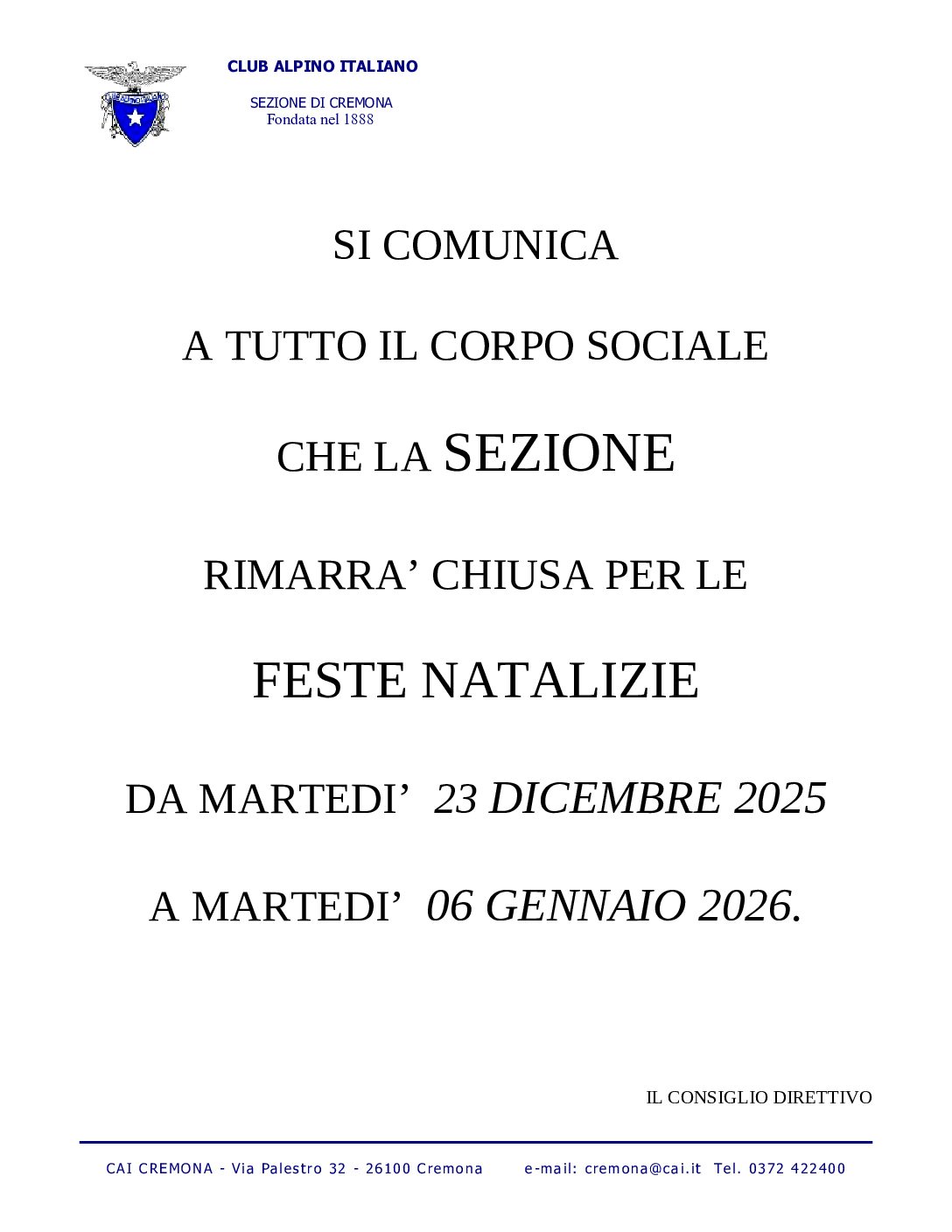 Chiusura Sezione durante festività Natale 2025