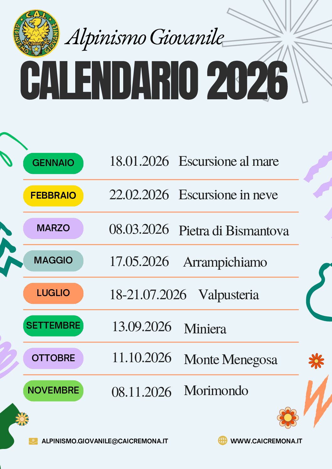 Calendario Escursioni 2026 – Alpinismo Giovanile
