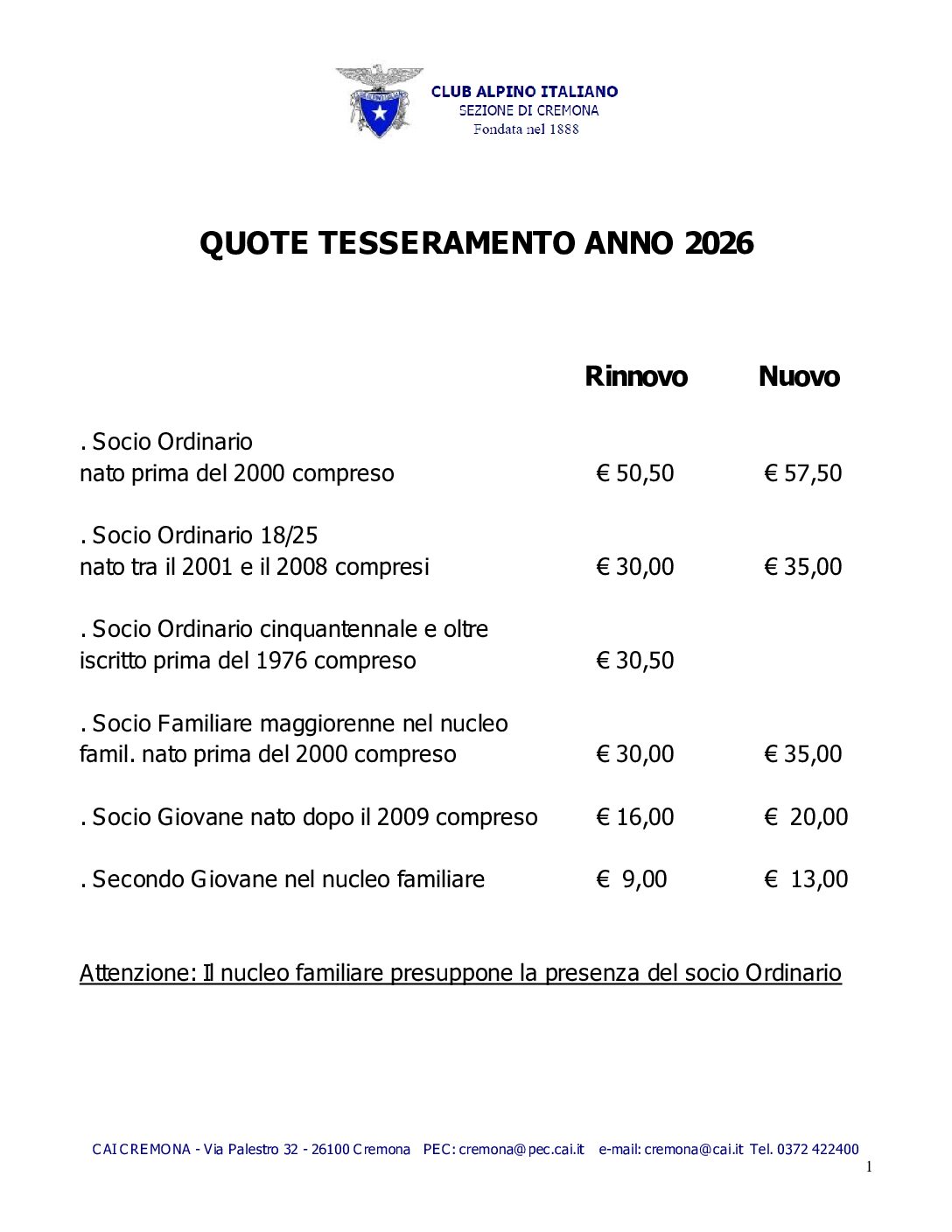 QUOTE TESSERAMENTO ANNO 2026