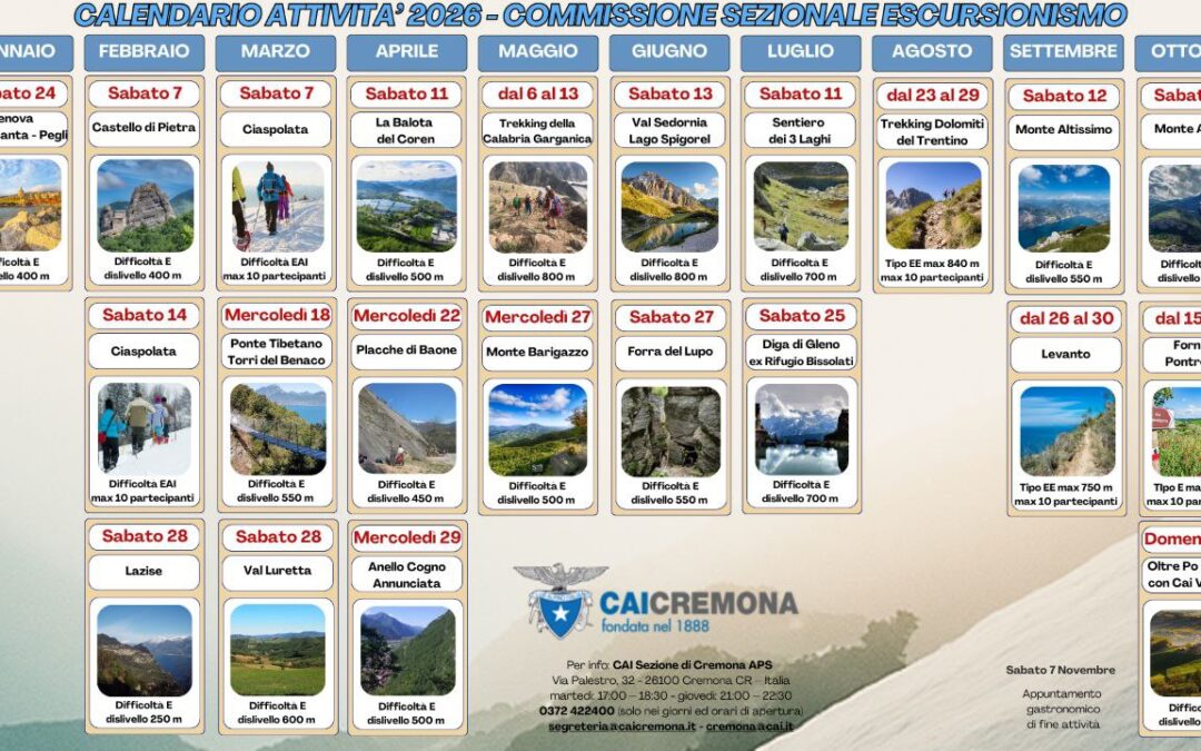 Calendario Escursioni 2026 – Commissione Sezionale Escursionismo