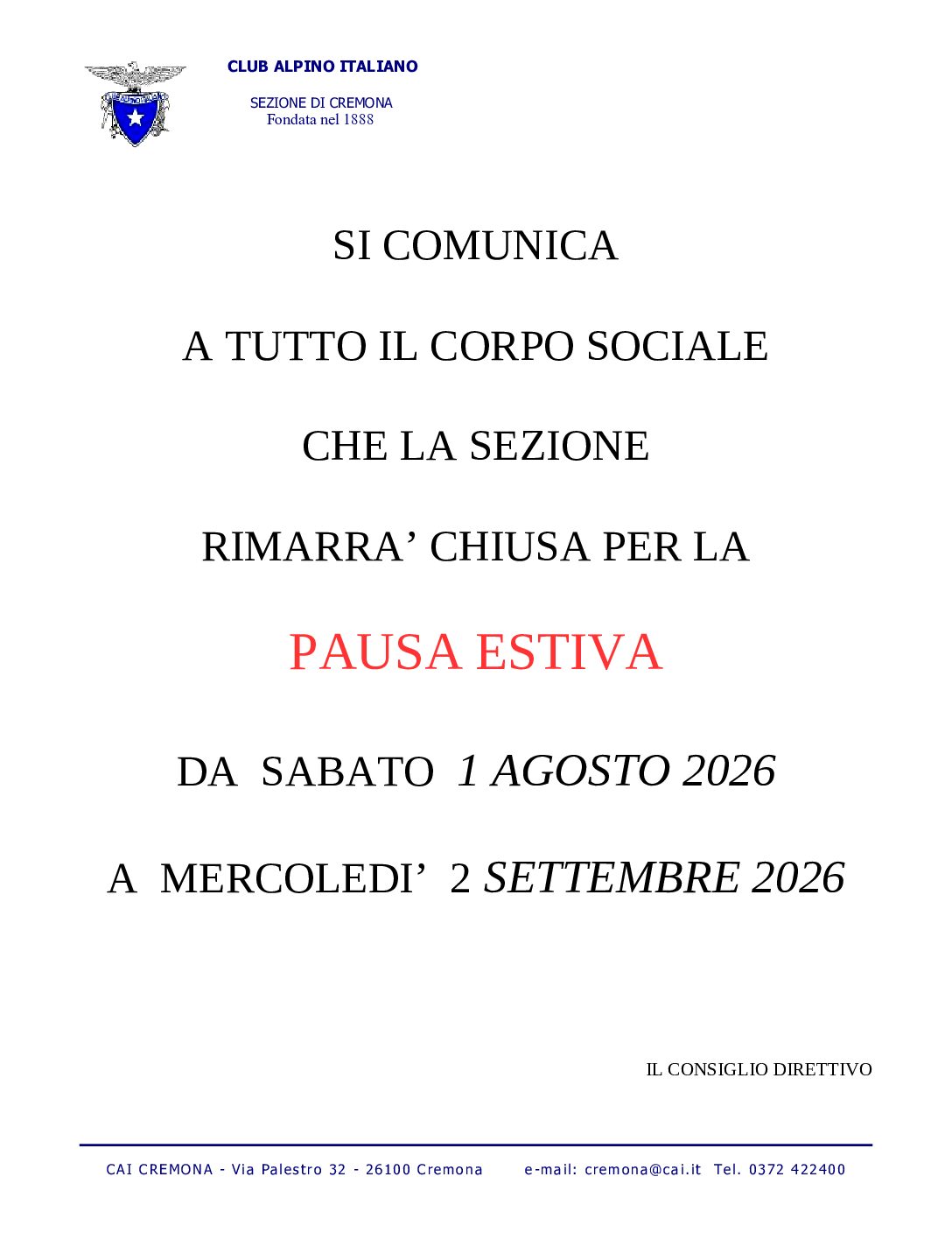 Chiusura estiva 2026