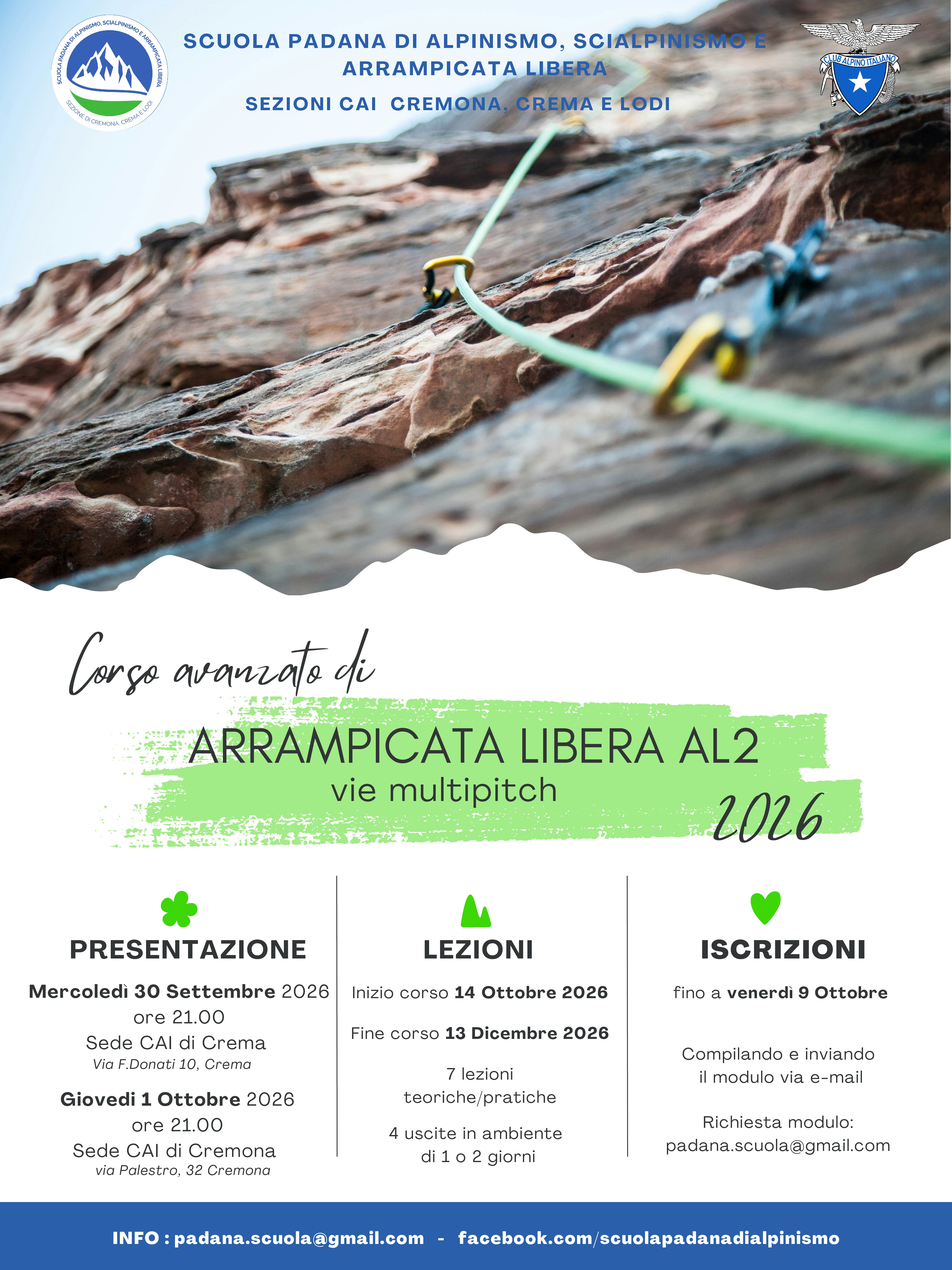 Corso avanzato di ARRAMPICATA LIBERA AL2 vie multipitch – 2026