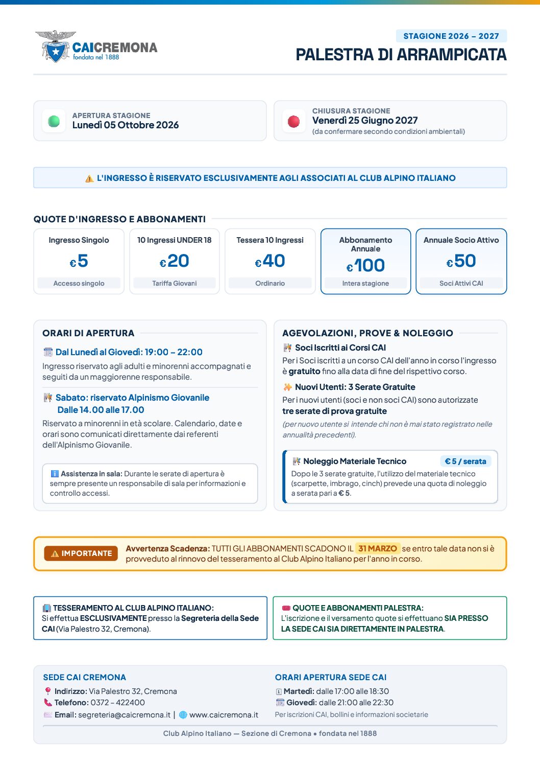 Palestra Arrampicata – Informazioni per la stagione 2026-2027